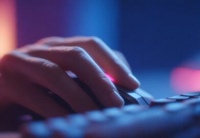 Close-up of a hand on a gaming mouse with blurred keyboard in neon background – symbol of control and player interaction on servers