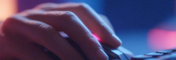 Close-up of a hand on a gaming mouse with blurred keyboard in neon background – symbol of control and player interaction on servers