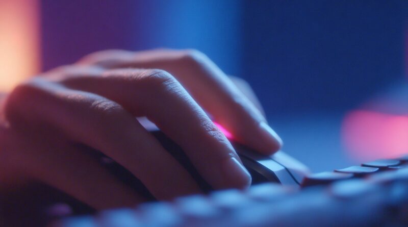 Close-up of a hand on a gaming mouse with blurred keyboard in neon background – symbol of control and player interaction on servers