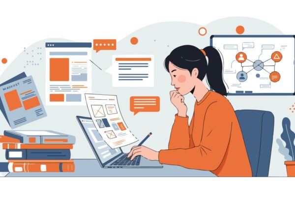 Illustration of a creator using digital tools and workflow systems on a laptop, showing how technology complements an onlyfans agency.